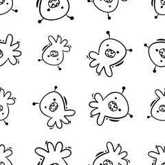 Seamless childish pattern with cute aliens. Hand drawn doodle style. Alien pattern, kids pattern in doodle hand drawn style.