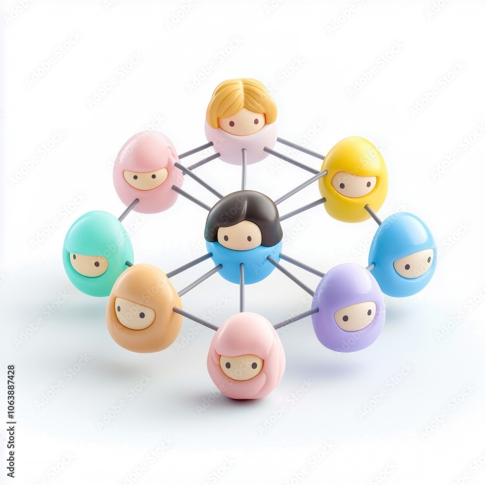 Aufkleber a colorful network of playful character icons representing social connections and communication, fre