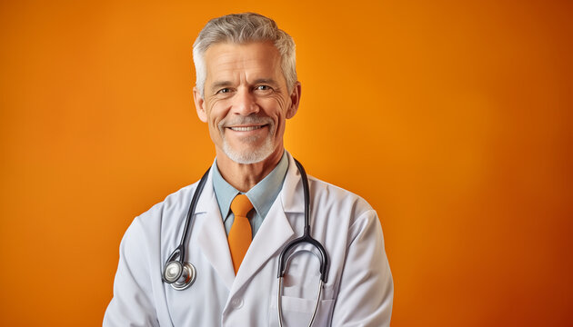 Retrato de medico con bata y estetoscopio sonriendo y transmitiendo confianza al paciente. Consulta on line y cuidados de salud.