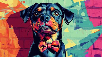 A colorful Rottweiler gazes thoughtfully against a vibrant, abstract background.