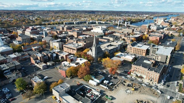 Aerial view of Troy, NY on a sunny day with clear skies