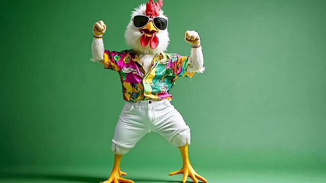 A rooster wearing sunglasses and a tropical shirt, standing in a confident pose.