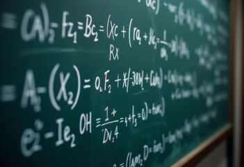 Mathematical equations and formulas written in chalk on a green chalkboard in a classroom