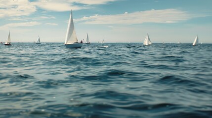 Obraz premium Sailboats glide on shimmering waters under a vast sky, evoking serenity and freedom on a gentle, sunny day.