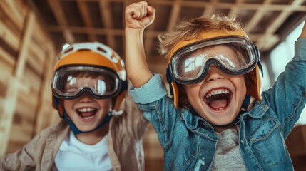 Two enthusiastic kids in goggles and helmets are joyfully celebrating a win with raised arms, embodying the spirit of triumph and childhood excitement.