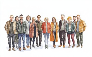 Fototapeta premium A watercolor drawing of a group photo with men and women in different , on a white background Generative AI