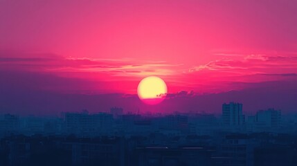 A serene digital sunset over a city skyline, featuring pink and orange hues illuminating the buildings.