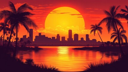 A vibrant sunset over a city skyline, casting warm hues of orange and pink amidst silhouettes of buildings and foliage.