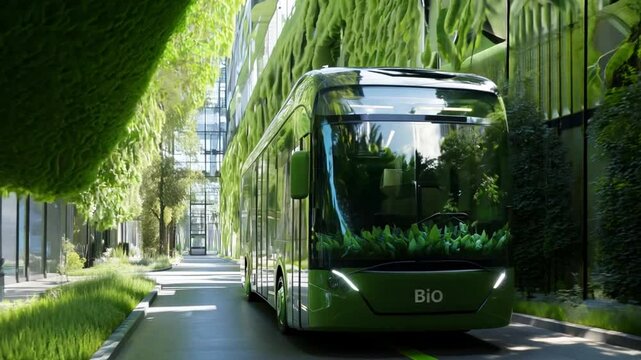 A modern green bus navigating through a sustainable city, showcasing eco-friendly transportation solutions
