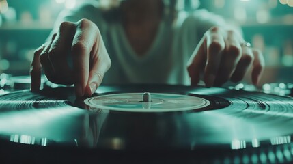 A person is expertly handling a vinyl record, poised above a turntable, with focus and precision,...