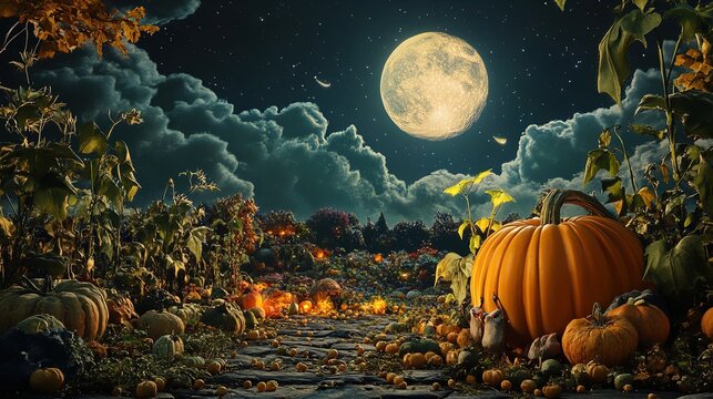 A serene night scene set in a pumpkin patch with a full moon illuminating the landscape. The foreground features an array of large, orange pumpkins surrounded by smaller ones scattered across the grou