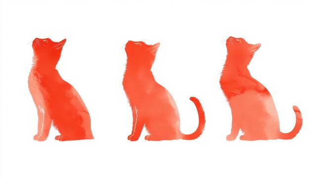 Three stylized red cats in a playful triangular formation, showcasing geometric shapes and vibrant colors.
