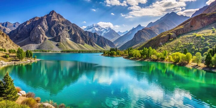 Stunning Panorama of Alauddin Lake in the Fann Mountains, Tajikistan - Breathtaking Scenery, Majestic Peaks, and Crystal-Clear Waters in a Picturesque Landscape