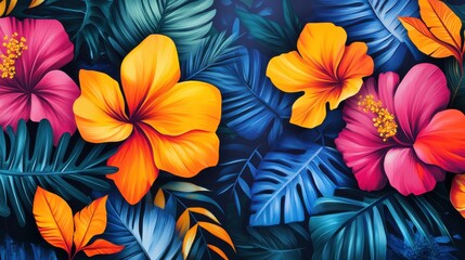 Fototapeta premium Vibrant floral abstract art featuring white lilies surrounded by blue and orange splashes, creating a lively composition.