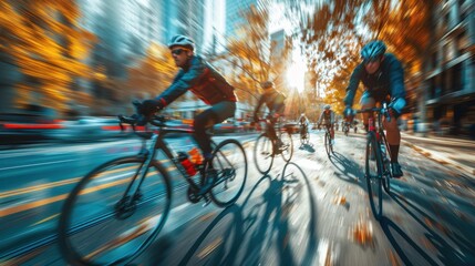Blurred image of two bicyclists riding down a city street