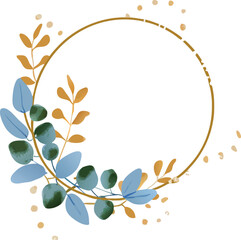 Gold Circle Frame with Blue and Brown Leaves