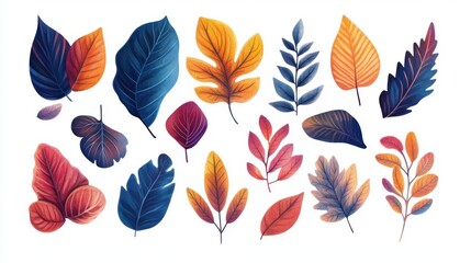 A vibrant collage of autumn leaves in various shapes and colors, showcasing the beauty of fall foliage.