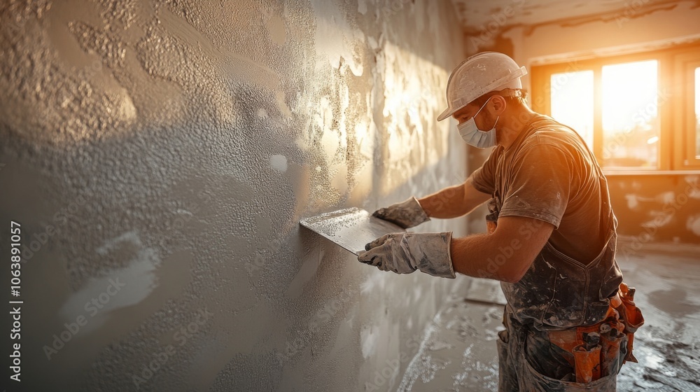 Poster a construction worker focuses intently on applying plaster to a wall in a well-lit room, with sunlig