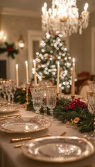 Luxurious Christmas dinner setting with candles, crystal glassware, and a decorated tree in the background for an elegant holiday celebration.