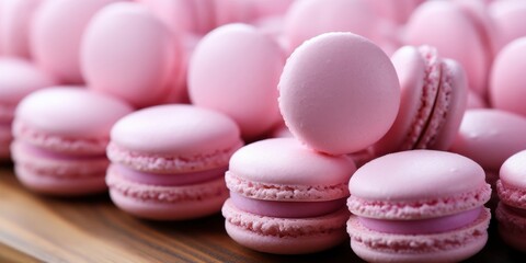 Obraz premium A close-up of pink macarons with a hint of pink filling, arranged on a wooden surface, showcasing the delicate texture and soft hues of these delightful treats.