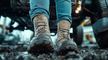 A worker's muddy boots and jeans under a vehicle during a repair job, suggesting hard work, dedication, and a gritty atmosphere in an outdoor setting.