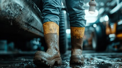 A close-up of a pair of mud-covered yellow boots, highlighting the hard work and determination within a busy, industrial workshop environment.