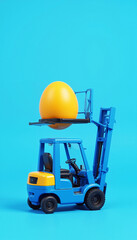 A blue forklift truck transports a yellow Easter egg. Soft light, vertical orientation on a blue background. Easter concept in industry.