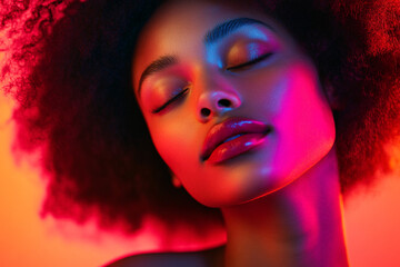 closeup portrait of woman with closed eyes under red and blue neon lights