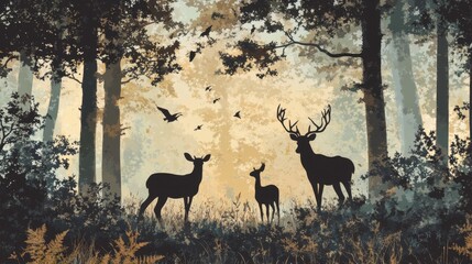 Obraz premium A majestic deer stands in a tranquil forest, surrounded by colorful foliage and gentle wildlife under a soft blue hue.
