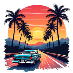 Illustration of a vibrant sunset over palm trees and a retro car.