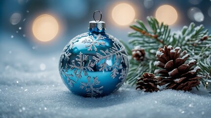 Christmas decoration frosty blue and silver snowy surface
