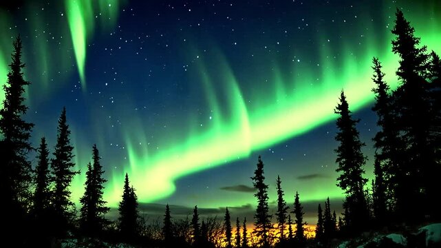 A vibrant green aurora borealis illuminates the night sky, casting a magical glow over a row of silhouetted pine trees.