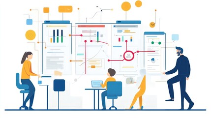Illustration of Business Meeting and Brainstorming, Financial Consulting Agency. People Analyzing Company Development Data. Ai generated image