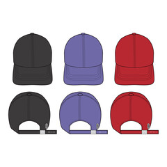 Set of baseball caps in black, purple, and red, showing front and back views with adjustable straps, ideal for design mockups and product presentations.

