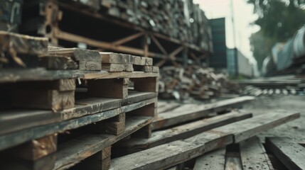 Weathered wooden pallets stacked in an industrial yard evoke a sense of rugged beauty and pragmatic utility.