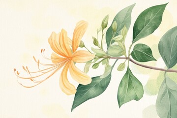 Exquisite Honeysuckle Blossom Illustration with Green Leaves and Floral Fragrance