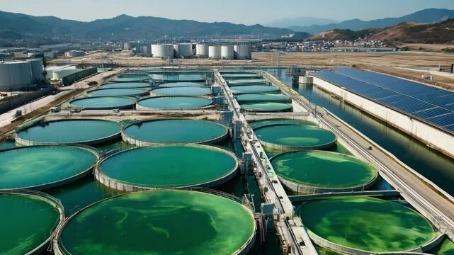Large algae cultivation facility with circular ponds and solar panels in a mountainous landscape