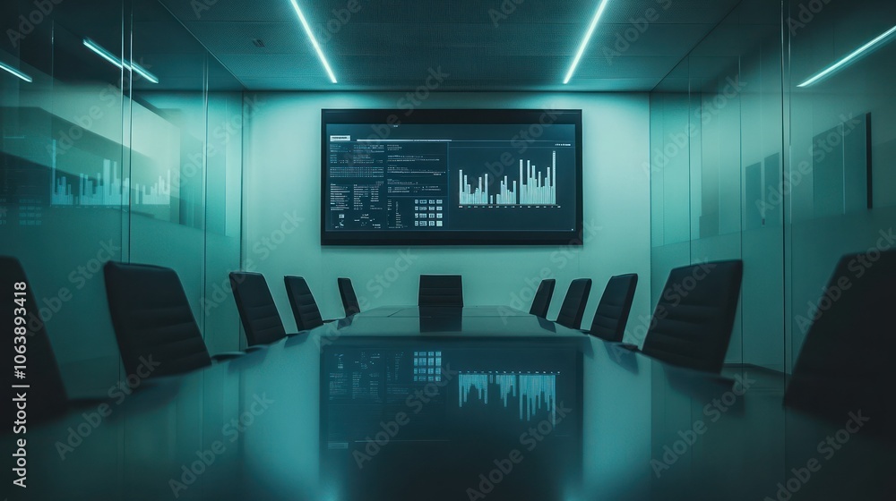 Poster a modern conference room with a digital display showing data analytics.