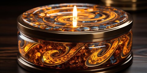 A golden container with a swirling design and a flickering candle inside, casting a warm glow on the surrounding elements