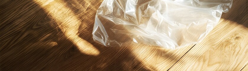 A crumpled plastic bag partially covering a light brown wooden surface