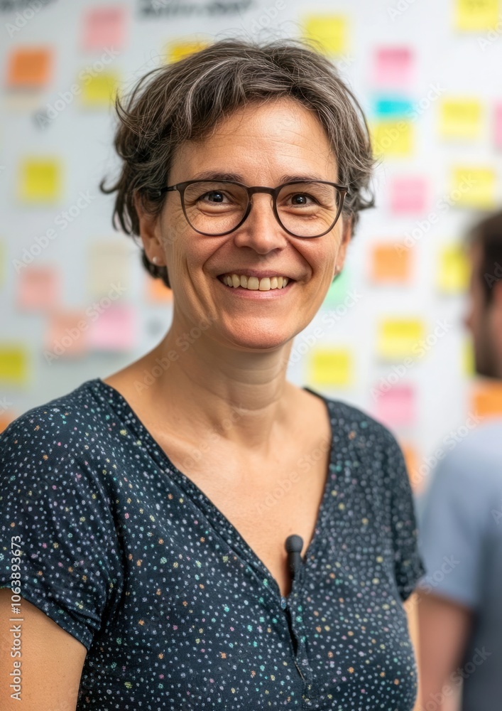 Poster a smiling woman in a casual setting with colorful sticky notes in the background.