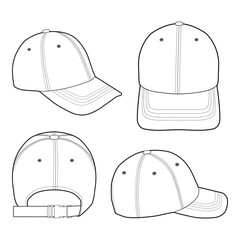 Set of four views of a white baseball cap, showing front, side, back, and angled perspectives with stitching details, isolated on white background, perfect for mockups and product design.

