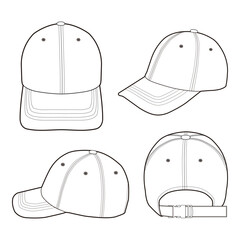 Set of four views of a white baseball cap, showing front, back, side, and angled perspectives with stitching and adjustable strap, isolated on white background, ideal for apparel mockups.

