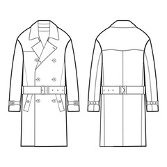Front and back views of a double-breasted trench coat with belt and cuff strap details, isolated on white background, ideal for fashion design and apparel mockups.

