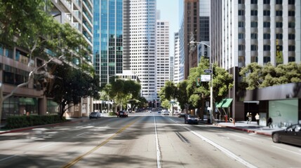 Sunlit city avenue framed by skyscrapers, roads radiating urban sophistication and a busy weekday vibe.