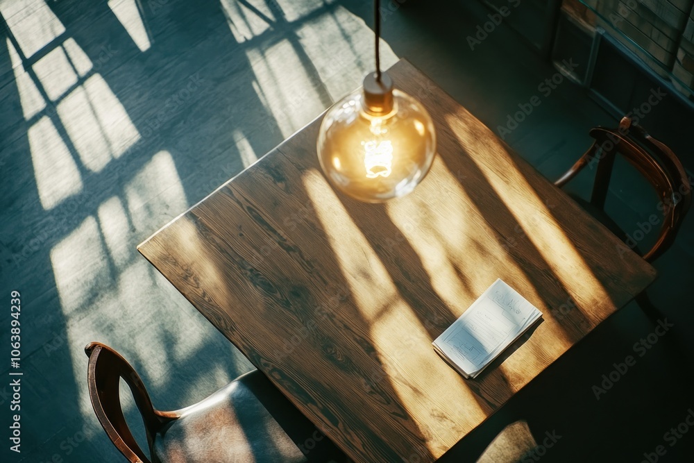 Poster a cozy table setting with a book and pendant light casting shadows.
