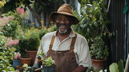 Obraz premium A joyful gardener in overalls holds a potted plant amid lush greenery, capturing the essence of nurturing nature and contentment.