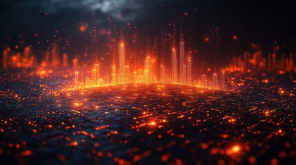 The vibrant skyline of a futuristic city is illuminated with orange lights, contrasting against a dark, textured surface. The scenery suggests an advanced civilization thriving under a starry night.