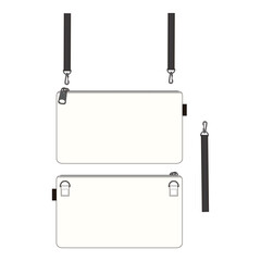 Set of two white pouches with detachable black straps and zipper closures, shown with strap options, isolated on white background, suitable for accessory design mockups.

