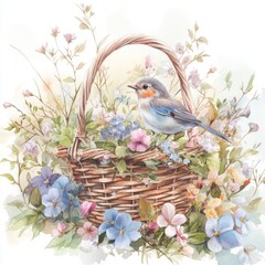 Romantic Garden Scene with Birds and Flowers. Watercolor Illustration in Vintage Style